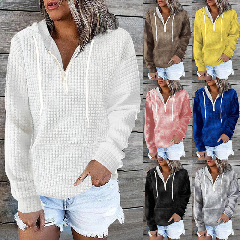 2023 Cross-border New Foreign Trade Casual Home Clothes Women's Zipper Hooded Pocket Solid Color Waffley Long Sleeve Sweat
