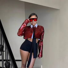 欧美辣妹纯色光泽感褶皱上衣女2024秋季新款开袖短款修身露脐外套