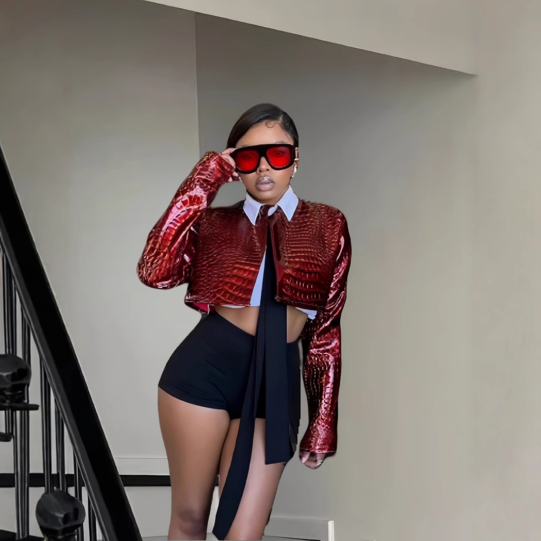 European and American Spice Girls Solid Color Glossy Pleated Top Women's 2024 Autumn New Open Sleeve Short Slim Fit Navel Jacket