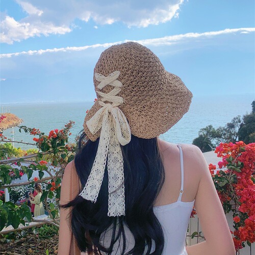 Straw Hat with Lace Butterfly Knot Lattice Handmade Crochet Summer Sunshade Sun Hat Fashion Bucket Hat