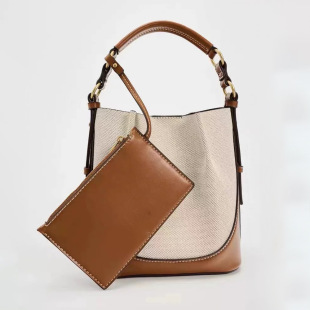 Za's Same Style Cross-Border Brown Canvas Drawstring Handbag for Women 2025 Wide Shoulder Strap Single Shoulder Crossbody Bucket Bag for Women