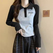 辣妹polo领长袖T恤少女春秋新款设计感小众正肩短款别致百搭上衣