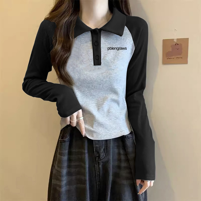 Hot Girl Polo Collar Long-Sleeved T-Shirt Girl Spring & Fall New Design Niche Right Shoulder Short Chic Versatile Top