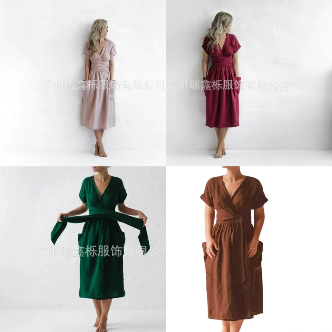 В наличии независимая станция AliExpress трансграничное жаркое летнее Новое однотонное платье с V-образным вырезом и карманами на поясе и короткими рукавами