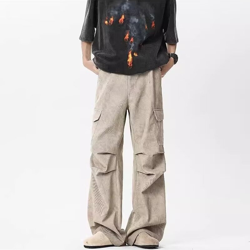 Marble Pleated Paratrooper Crock Pants Men's Autumn Fashion Brand Retro Design Sense American Style Wide Leg Casual Jeans