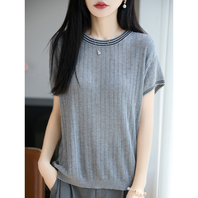 Spring summer knitted sweater with a round collar