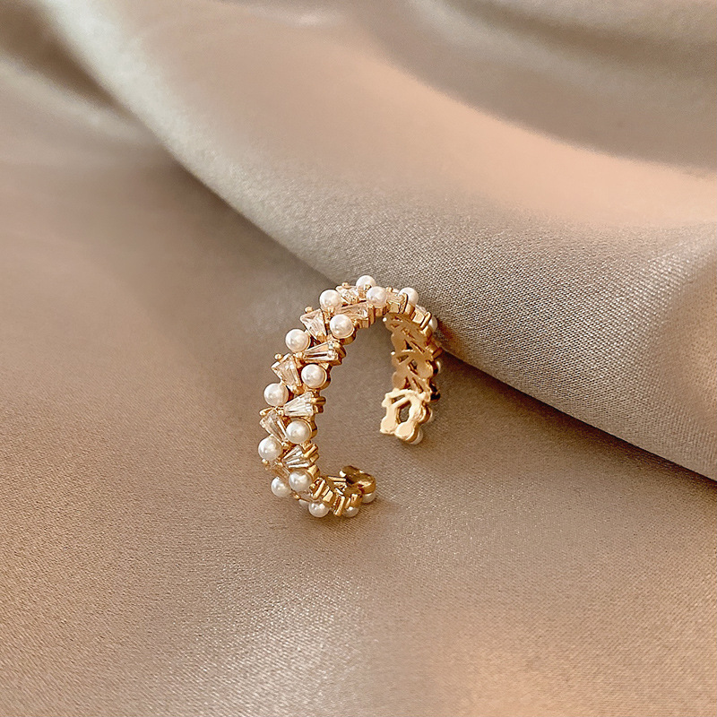 [Copper Products] Korean Simple and Fresh Pearl Sweet Elegant High-End Design Open Ring Environmentally Friendly