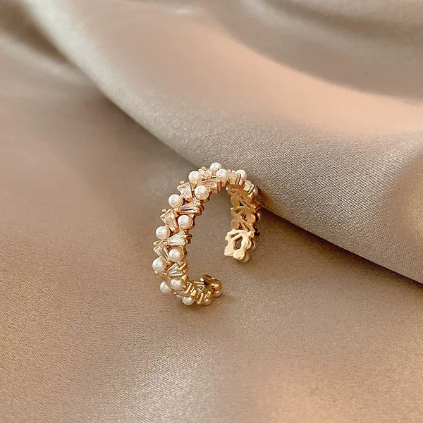 [Copper Products] Korean Simple and Fresh Pearl Sweet Elegant High-End Design Open Ring Environmentally Friendly