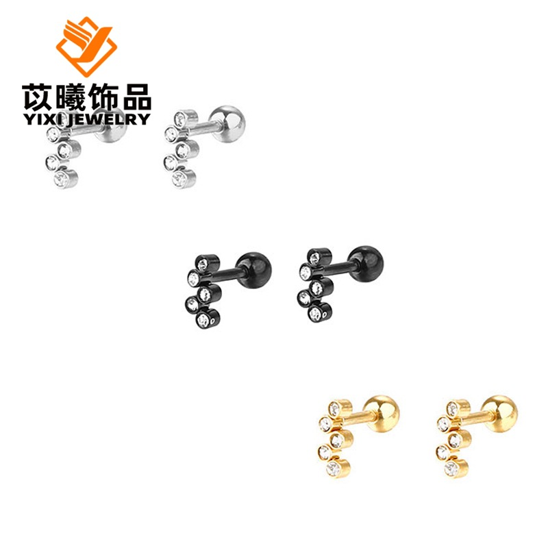 新款日韩时尚镶钻女钛钢耳钉批发 简约精品格子铺 跨境wish小清新