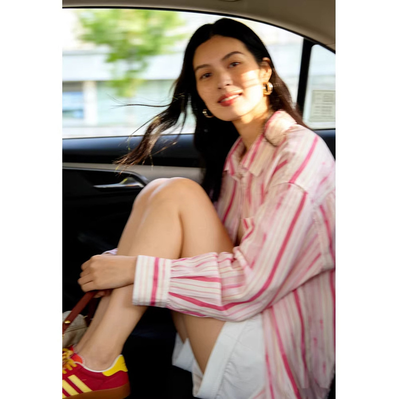 Siyuan Pink Striped Tencel Ramie Shirt 2026 Spring/Summer New Style Turn-Down Collar Short Front Long Back Shirt for Women 7555