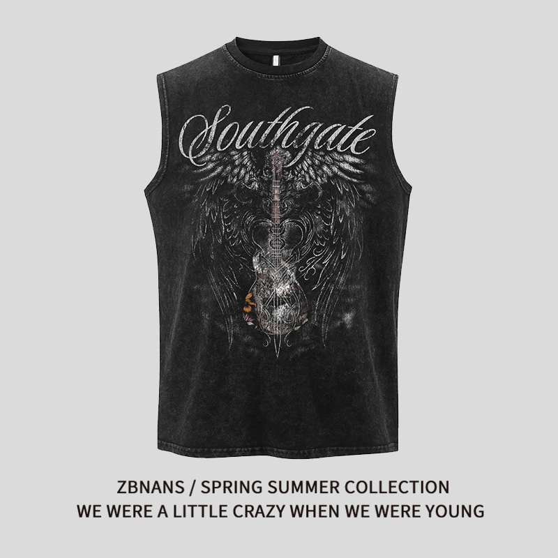 American-Style Trendy Brand Vintage Washed Sleeveless Vest for Men and Women with Retro Guitar Wing Print Loose Casual T-Shirt for Summer