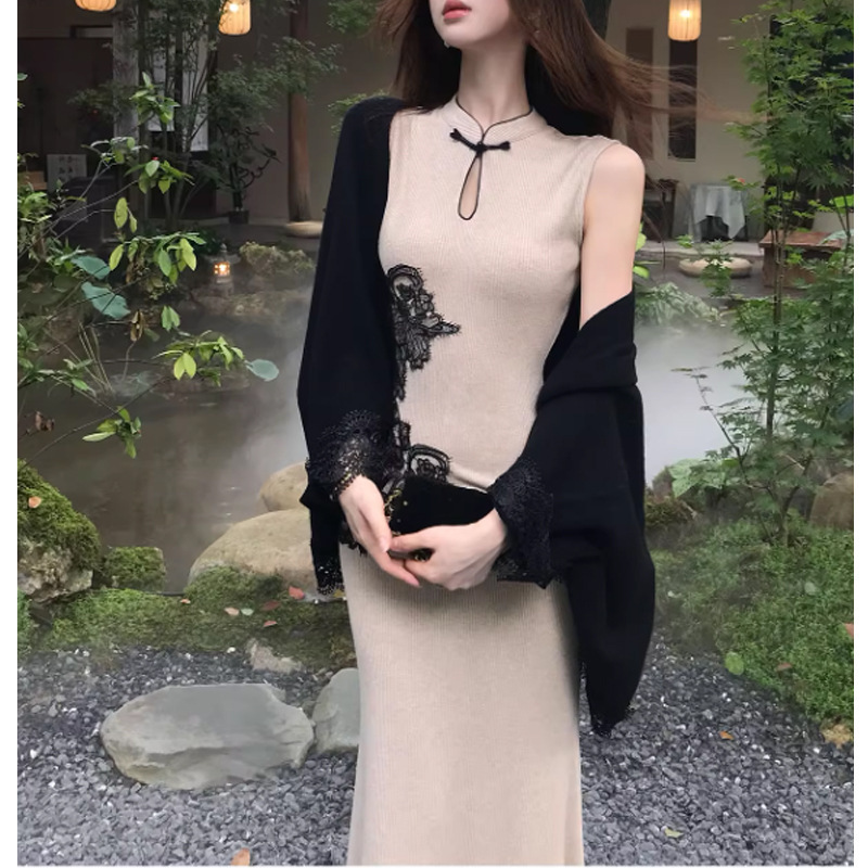 2025初秋新中式无袖旗袍针织连衣裙长裙开衫两件套套装女拼接蕾丝|undefined