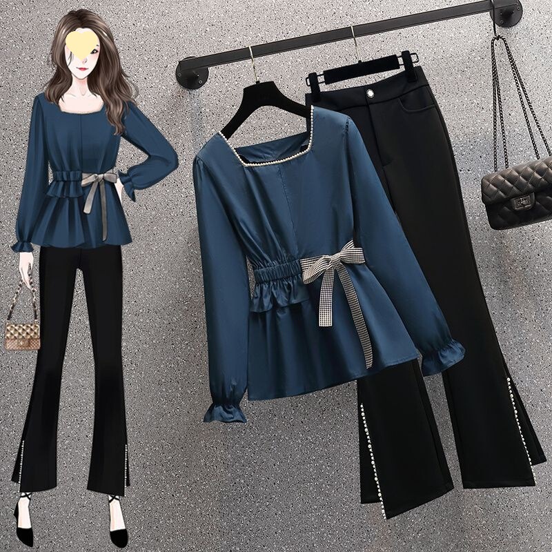 Petite Two-Piece Set New Plus-Size Women's Slimming Shirt with Waist-Cinching 2025 French Square Collar Elegant Autumn Pants