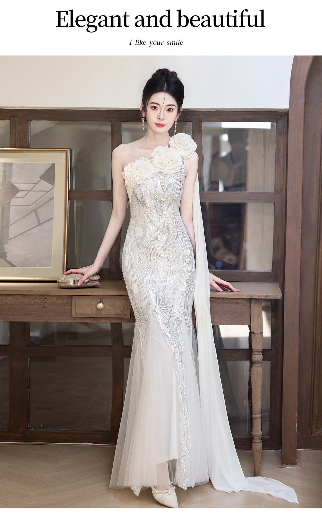 Luxury Mermaid Tail Evening Gown One Shoulder Niche Banquet Host Art Exam Temperament Singer Conductor Runway Show Costume Women's Wedding Party Wear_ecoleips.com