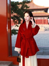 新中式提花斗篷系带大衣红冬季新款国风小个子收腰显瘦外套女