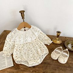 2024 Spring/Autumn Baby Clothes: Sweet Floral Long-Sleeve Romper with Lace Trim, Turn-Down Collar, and Crotch Snap