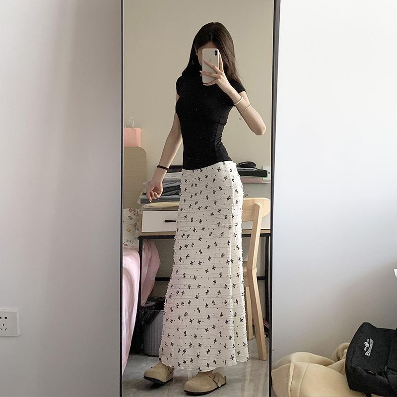 韩系白色夏季度假蝴蝶结印花蕾丝高腰碎花鱼尾半身裙长裙显瘦裙子|undefined