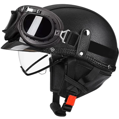Motosiklet kaskı (dəbilqə) — car helmet Japanese scoop helmet - black-leather-transparent-black-frame-mirror-m