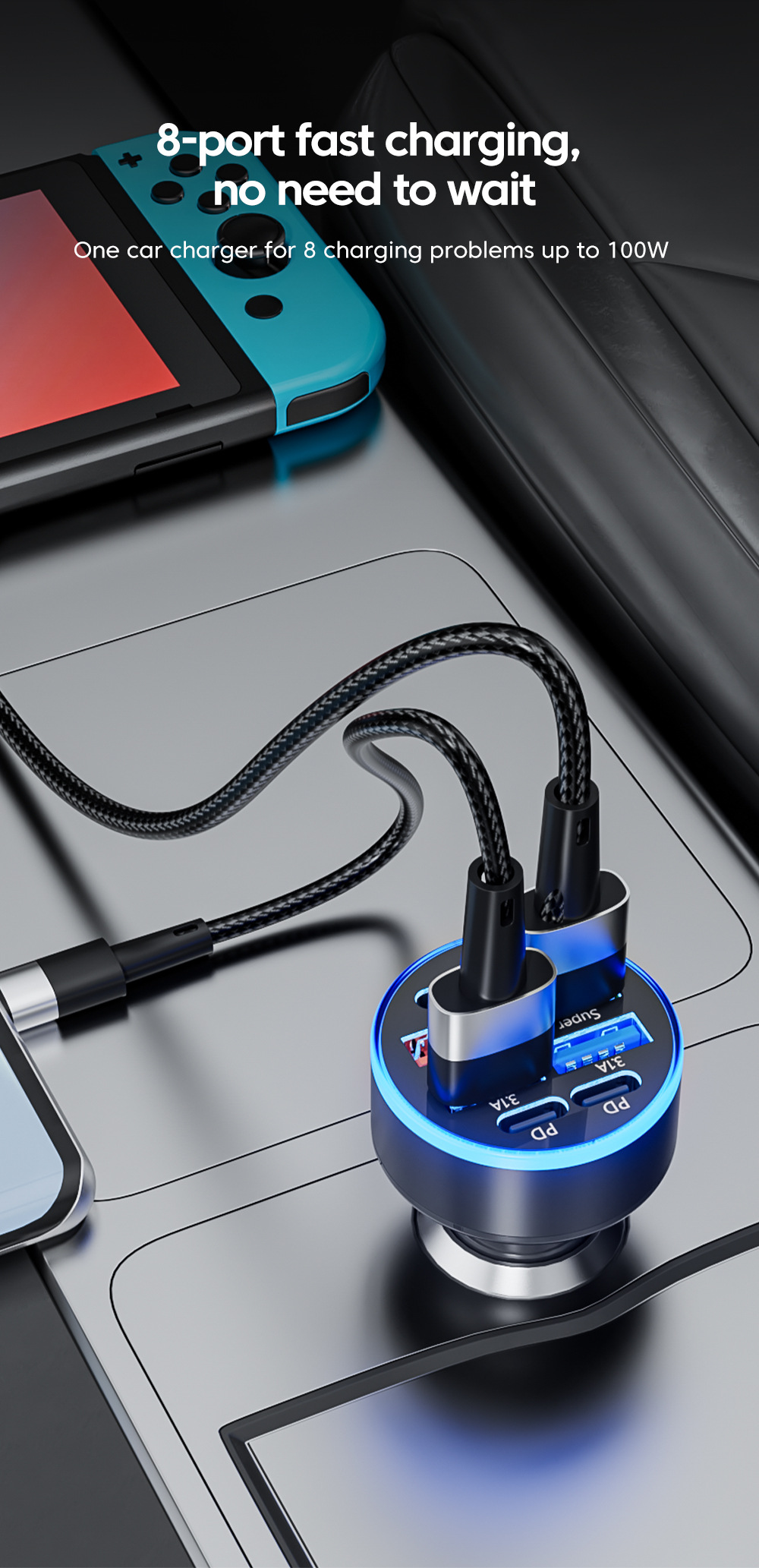 Multi-port with digital display support super fast charging 6/8 port with voltage vehicle-mounted one-to-six/8-car fast charging cross-border