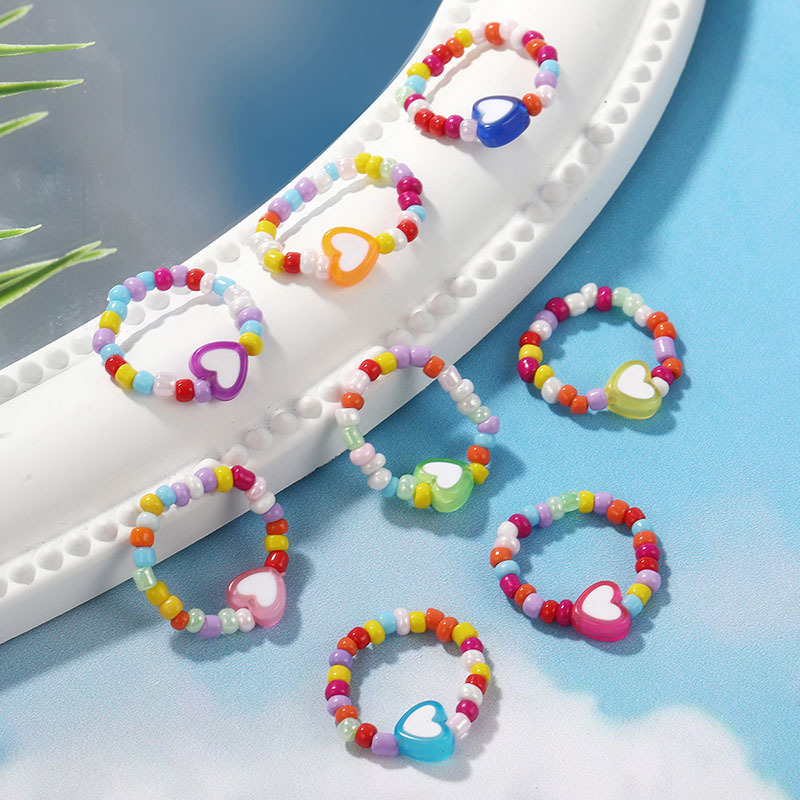 Fashion Heart Shape Plastic Resin Beaded Womenu0027S Rings 8 Pieces
