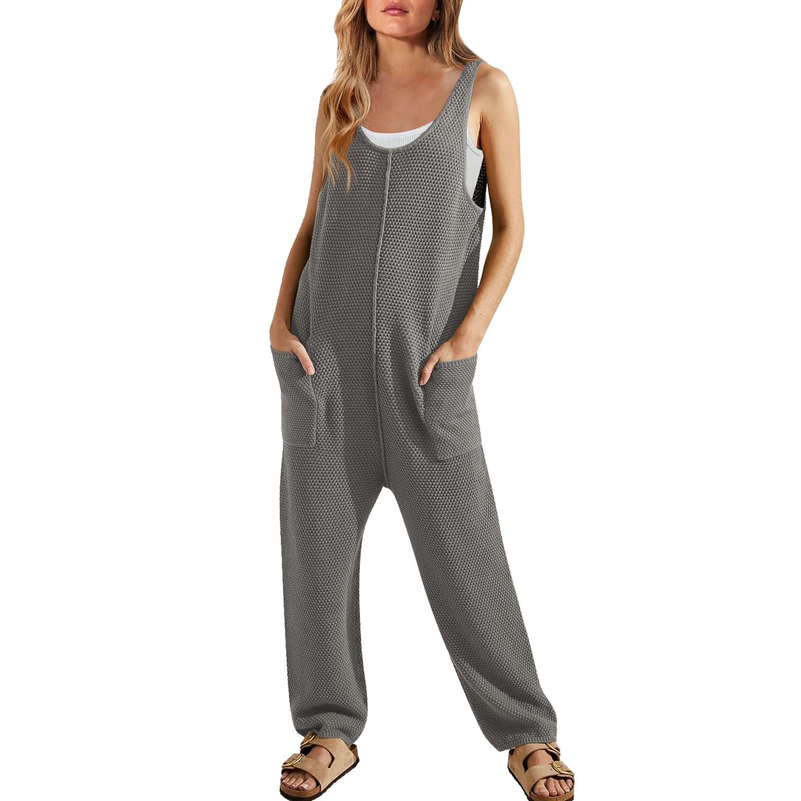 Primavera/Verano 2020 nuevo mono suelto casual de mujer sin mangas con cuello en U pantalones de una pieza Doble Bolsillo