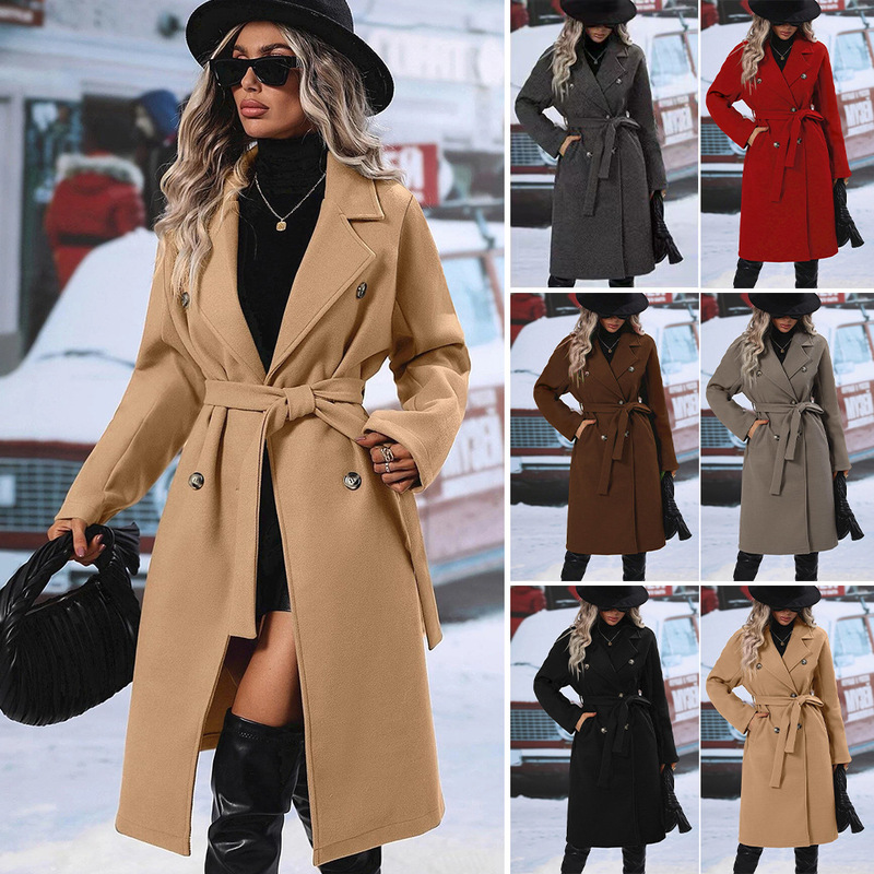 2025 Autumn and Winter Temu Amazon Cross-Border European and American New Woolen Double-Breasted Lace-Up Woolen Outwear Jacket for Women