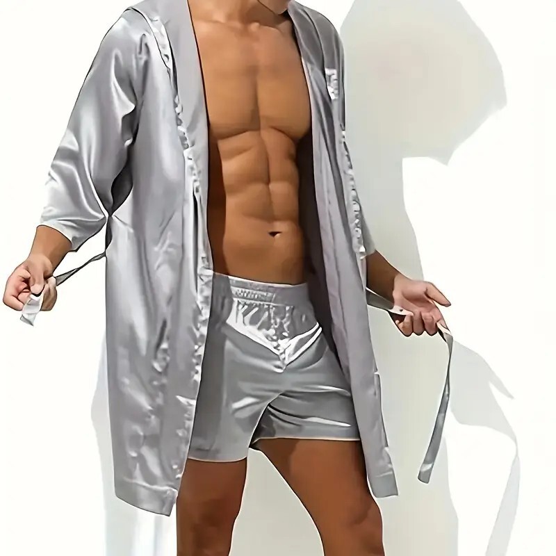 Cross-Border E-Commerce Exclusive Bathrobe Solid Color Thin Satin Short-Sleeve Simple Loose Bathrobe Unisex with Belt Pajamas Cross-Border E-Commerce Exclusive Bathrobe Solid Color Thin Satin Short-Sleeve Simple Loose Bathrobe Unisex with Belt Pajamas