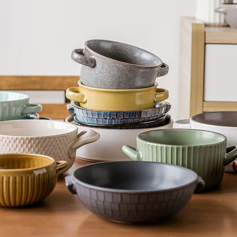 Tazones de orejas creativos de alto valor, una gran colección de vajillas prácticas, tazones de cerámica, tazones de sopa para el hogar que no están calientes, tazones de fideos retro