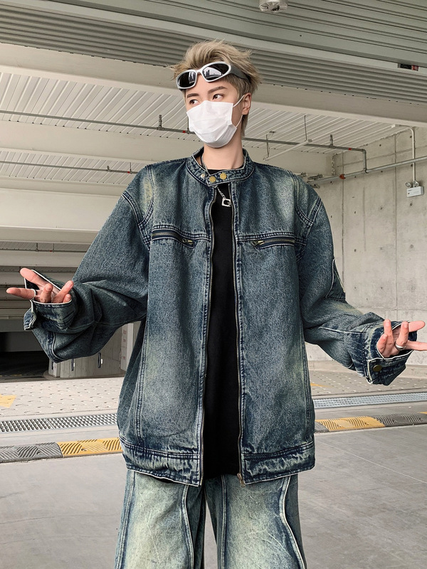 美式复古立领牛仔外套男秋季新款高级感潮牌宽松休闲痞帅夹克外套|undefined