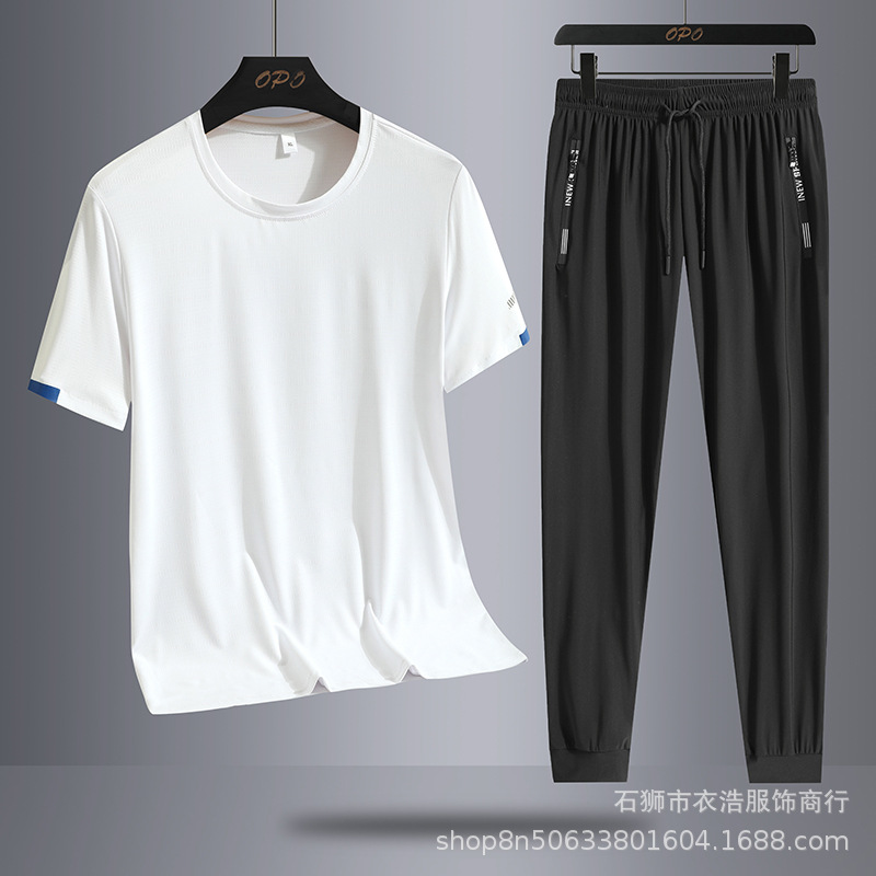 Conjunto casual de verano para hombre, de seda helada, de marca moderna, holgado, talla grande, de secado rápido, camiseta deportiva de dos piezas con pantalones largos.