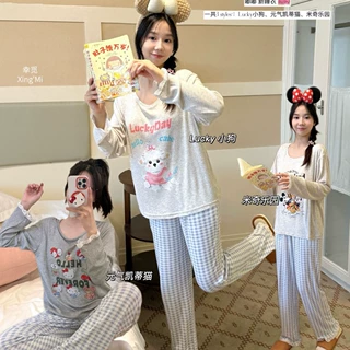 初秋童话世界莫代尔带胸垫睡衣女长袖可外穿卡通家居服套装跨境新