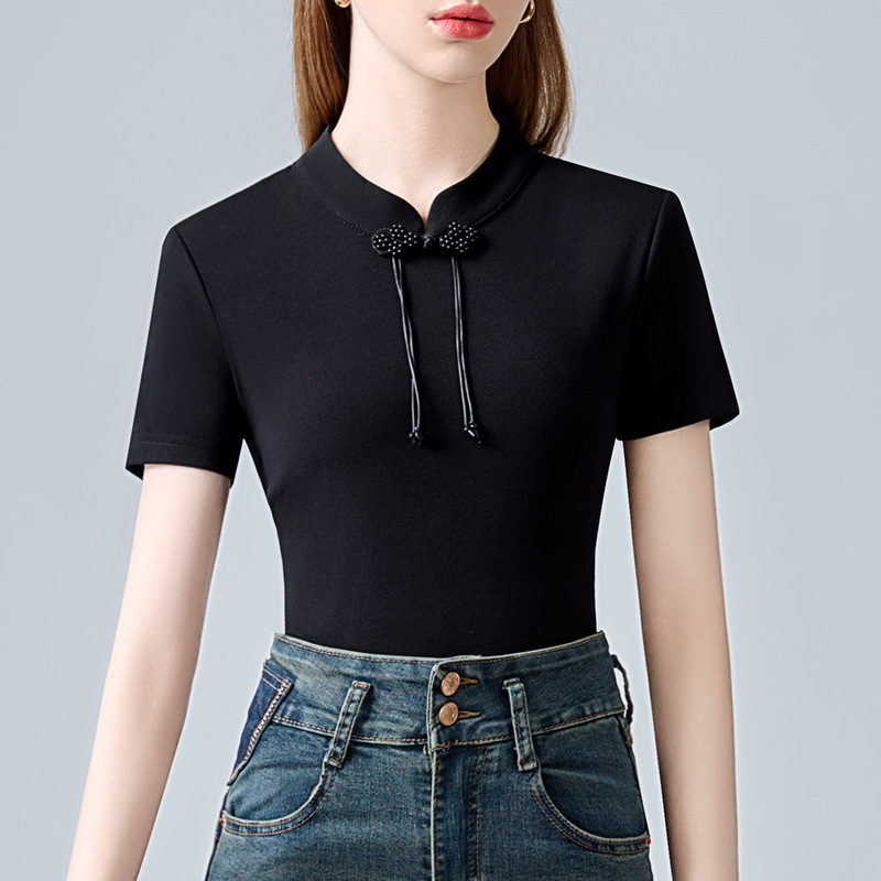 Nueva camiseta china de mangas cortas para mujeres 2025 nueva camiseta de algodón negro de cuello de hebilla de diseño de camiseta de bordilla