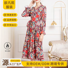 跨境女装连衣裙印花V领优雅长裙法式复古收腰显瘦连衣裙欧美热销