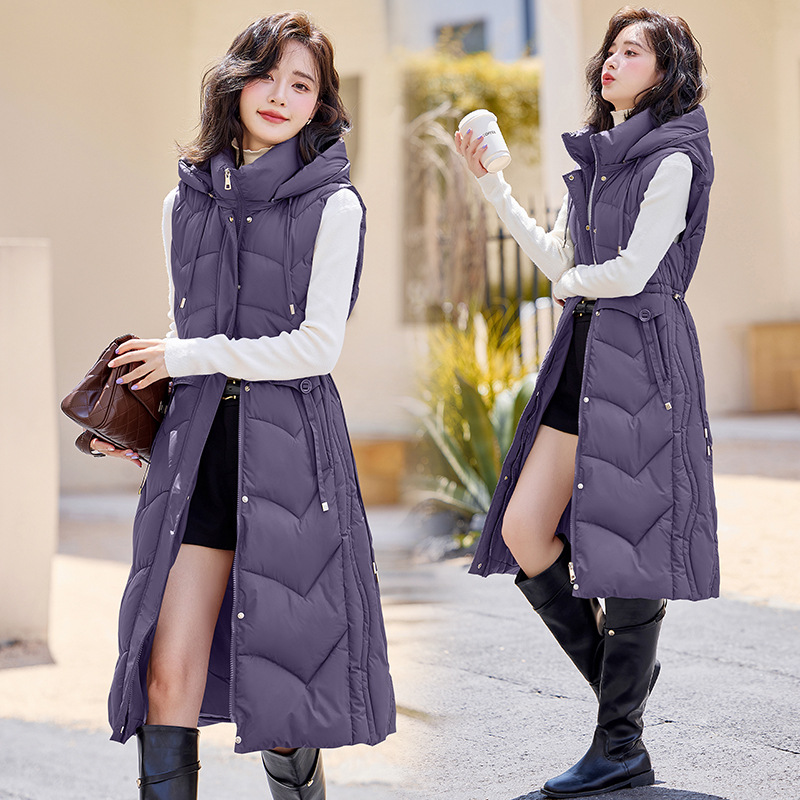 Otoño y invierno 2025 nuevo chaleco de algodón de pluma para mujeres medianas y largas delgadas cintura delgada de moda de algodón abrazadera de hombro chaqueta