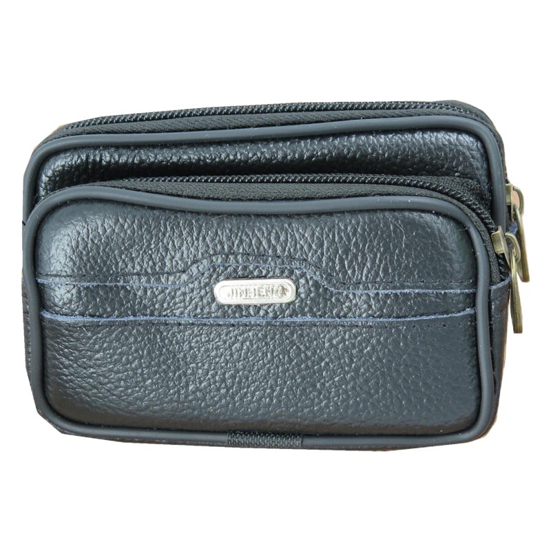 Spot Wholesale Men's Horizontal Zipper Waist Bag Cowhide High and Low Elderly Mobile Phone Solid Color with Label Mobile Phone Bag Fashion