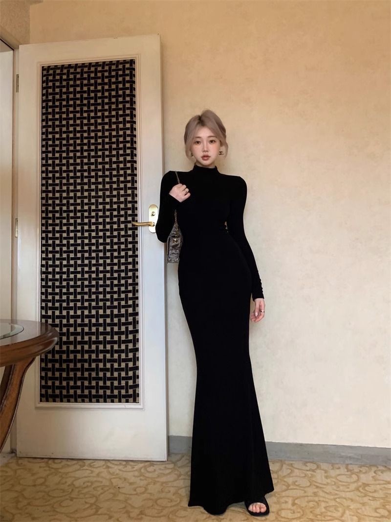 Spice Girl Shows Body Half Turtleneck Bottom Hip Dress Female Sexy Slim Burgundy Thin Fishtail Long Skirt_ecoleips.com