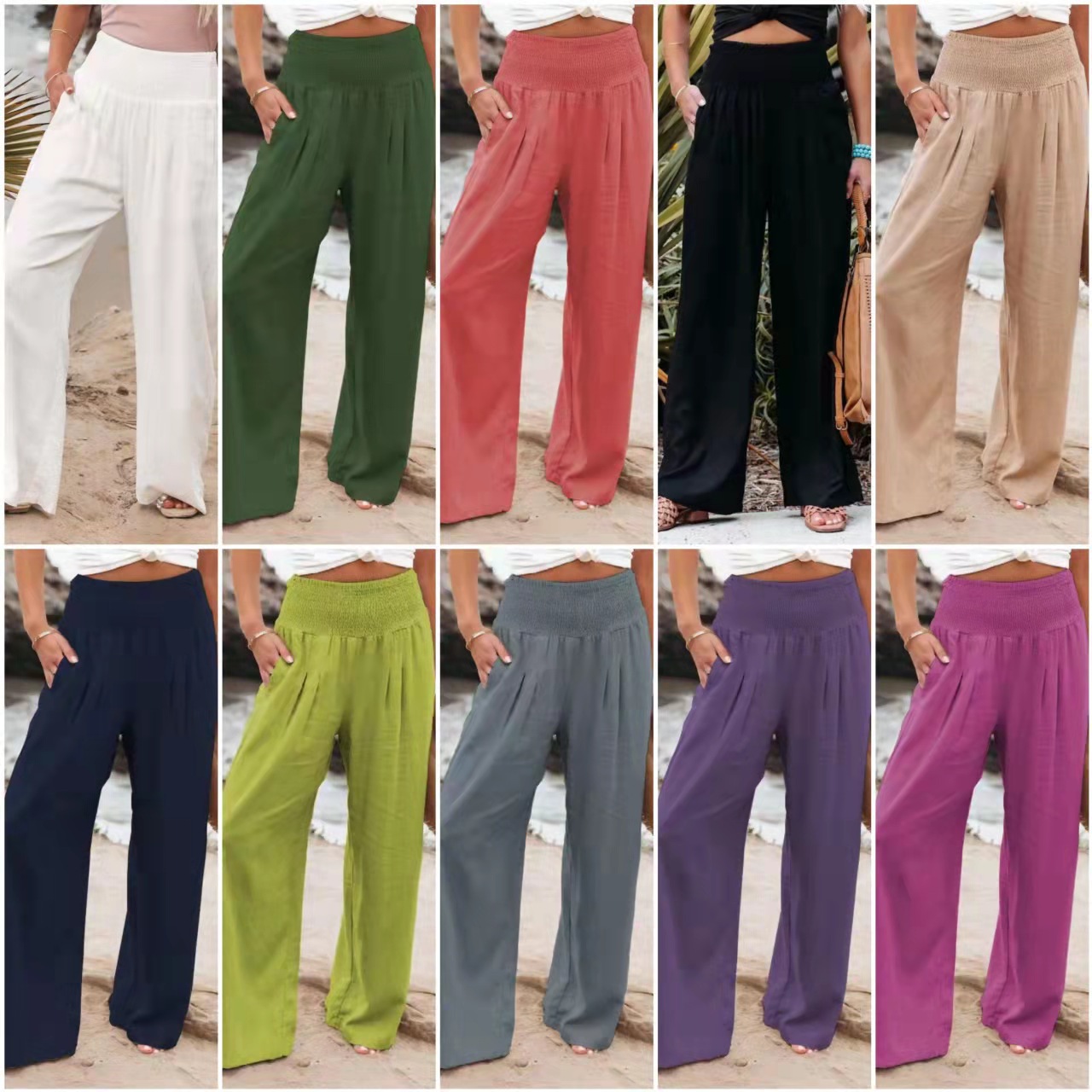Cross-Border Independent Station Amazon 2025 Spring and Summer Women's Solid Color Elastic Waist Wide-Leg Pants Casual Pants Long Pants