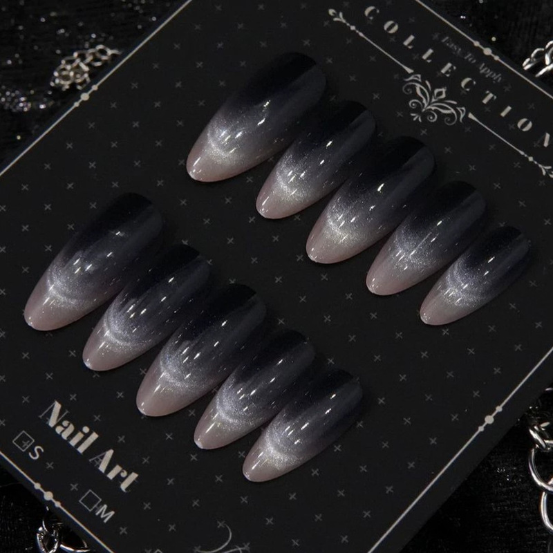 European and American Style Fake Nails, Purely Handmade, Cross-Border Black and Silver Gradient Cat Eye Long Almond Nails, Autumn and Winter Vibe, Detachable European and American Style Fake Nails, Purely Handmade, Cross-Border Black and Silver Gradient Cat Eye Long Almond Nails, Autumn and Winter Vibe, Detachable