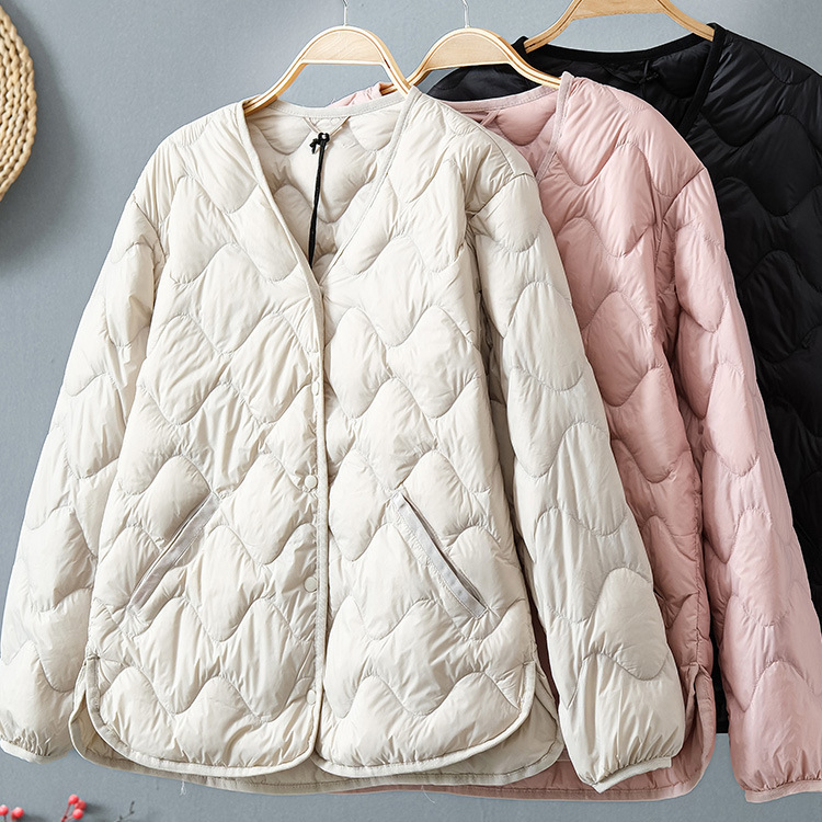 2023 autumn and winter New Light thin down jacket women's short V-neck plus size casual warm portable coat winter clothing