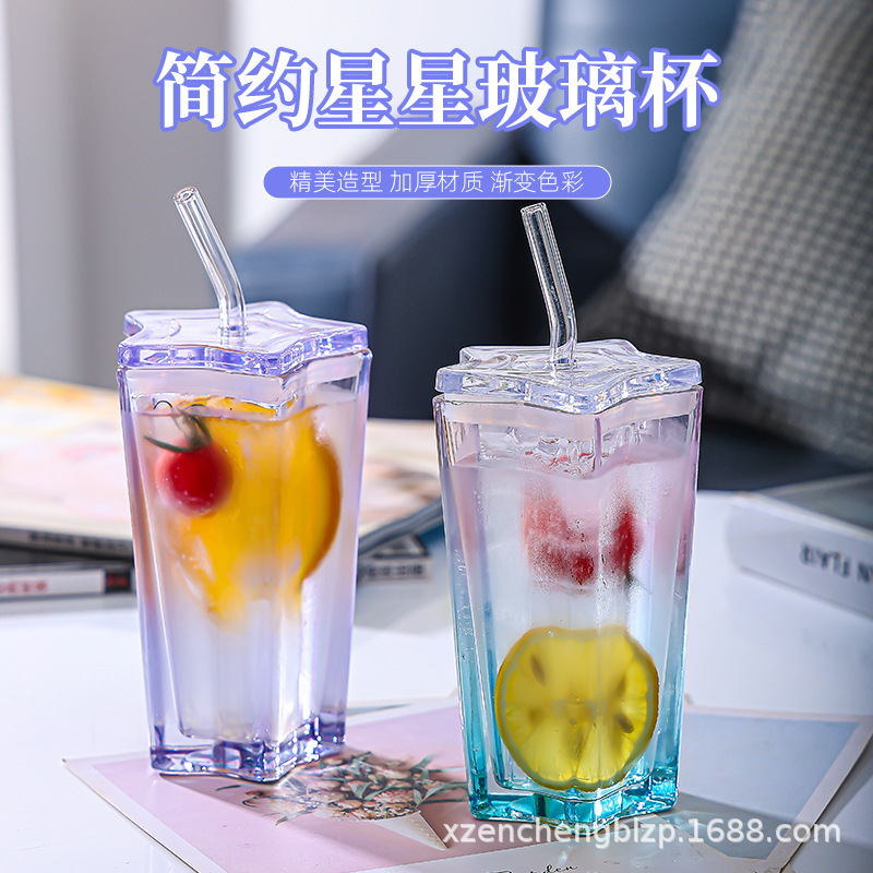Vasos de paja al por mayor, vasos de vidrio con forma de estrella de cinco puntas, vasos degradados de colores, vasos para bebidas frías con tapas, tazas de café, regalos para mujeres