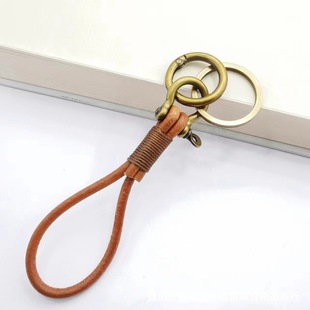 Pure natural cowhide rope keychain woven car chain retro simple bag pendant student camera