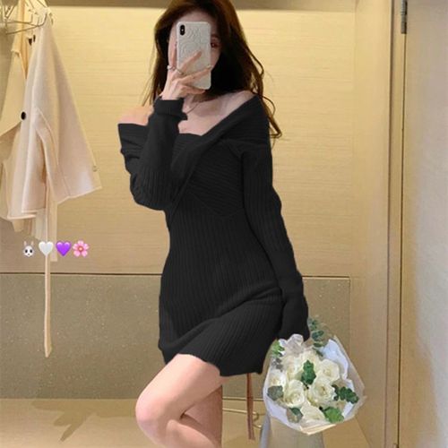 Elegant Autumn Sister Style High-End Women's Cold Atmosphere Bodycon Skirt Tight Knit V-Neck Dress
