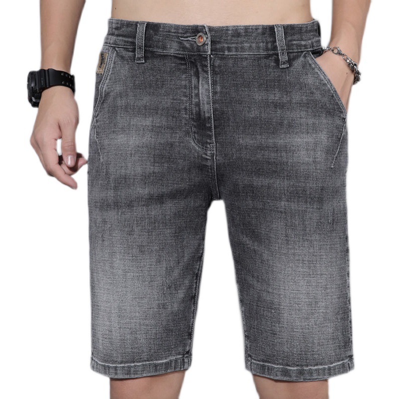 Stretch denim shorts heren dunne, trendy, veelzijdige borduurwerk cropped zachte paardenbroek zomer_voghion.com