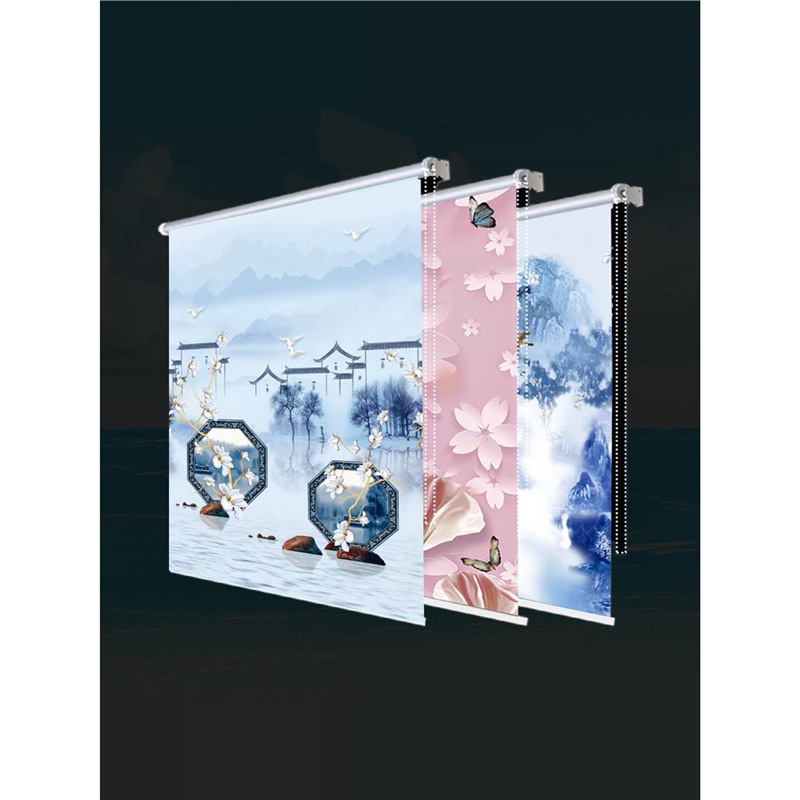 Curtain Roll Pull Test Lift Bedroom Balcony Guest Restaurant Bathroom Punch-Free Thickened Landscape Hanging Curtain