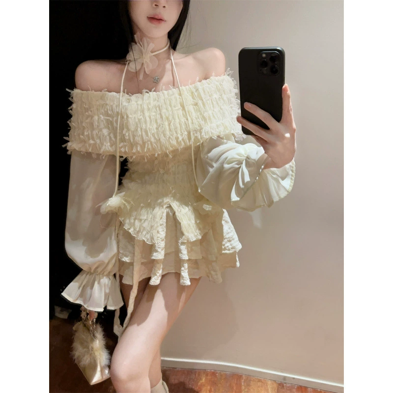 Winter skirt with tassels, set, open shoulders, flowered