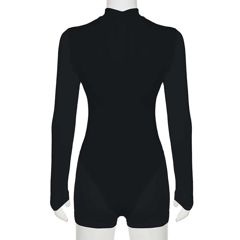 Street Sexy Casual Mesh Stitching One Piece Short Half Turtleneck Sexy Tight Long Sleeve Narrow Jumpsuit Women