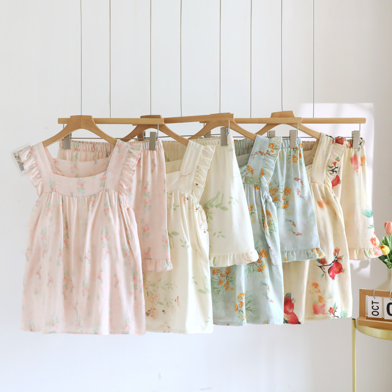 Bamboo Fiber Padded Small Flying Sleeve Suspender Shorts Pajamas for Women Spring and Summer Thin Comfortable Home Suit That Can Be Worn Outside Bamboo Fiber Padded Small Flying Sleeve Suspender Shorts Pajamas for Women Spring and Summer Thin Comfortable Home Suit That Can Be Worn Outside