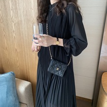实拍纯色百搭木耳边压褶连衣裙女韩系秋冬气质中长款连衣裙