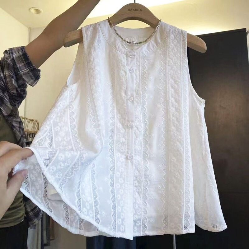 Cotton White Lace Embroidered Sleeveless Shirt Vest for Women to Wear Outside Summer New Style Loose Belly-Covering Cardigan Top for Women