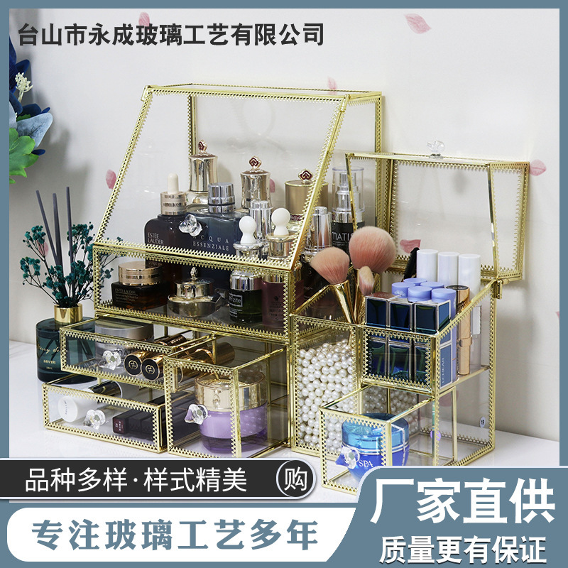 Light Luxury Glass Storage Box Three-Piece Set Lipstick Skin Care Desktop Storage Box Dressing Table Jewelry Storage Rack